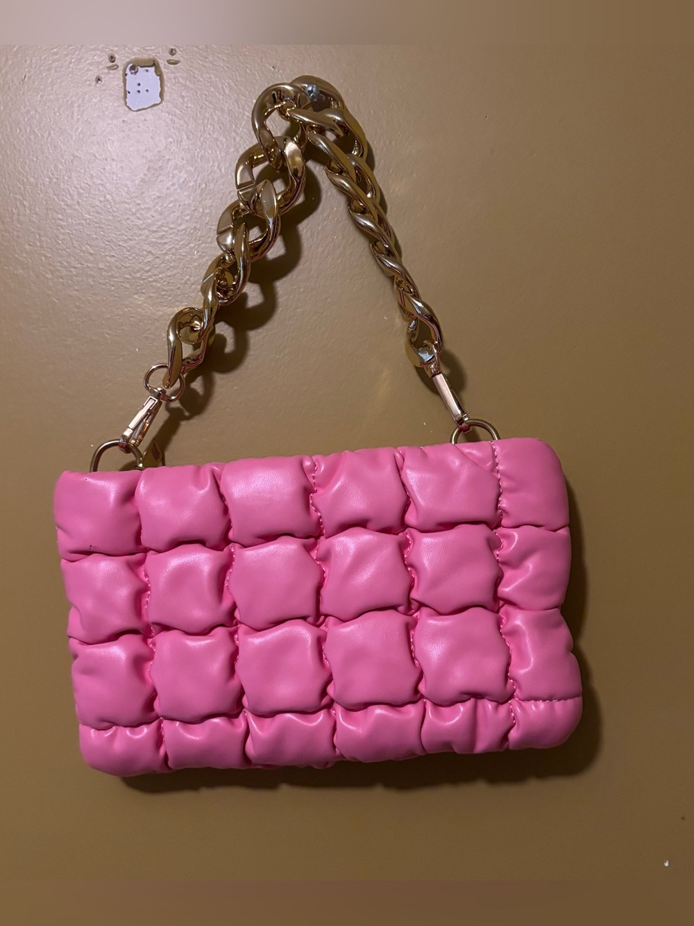 Pink Quilted Puff Shoulder Bag with Gold Chain